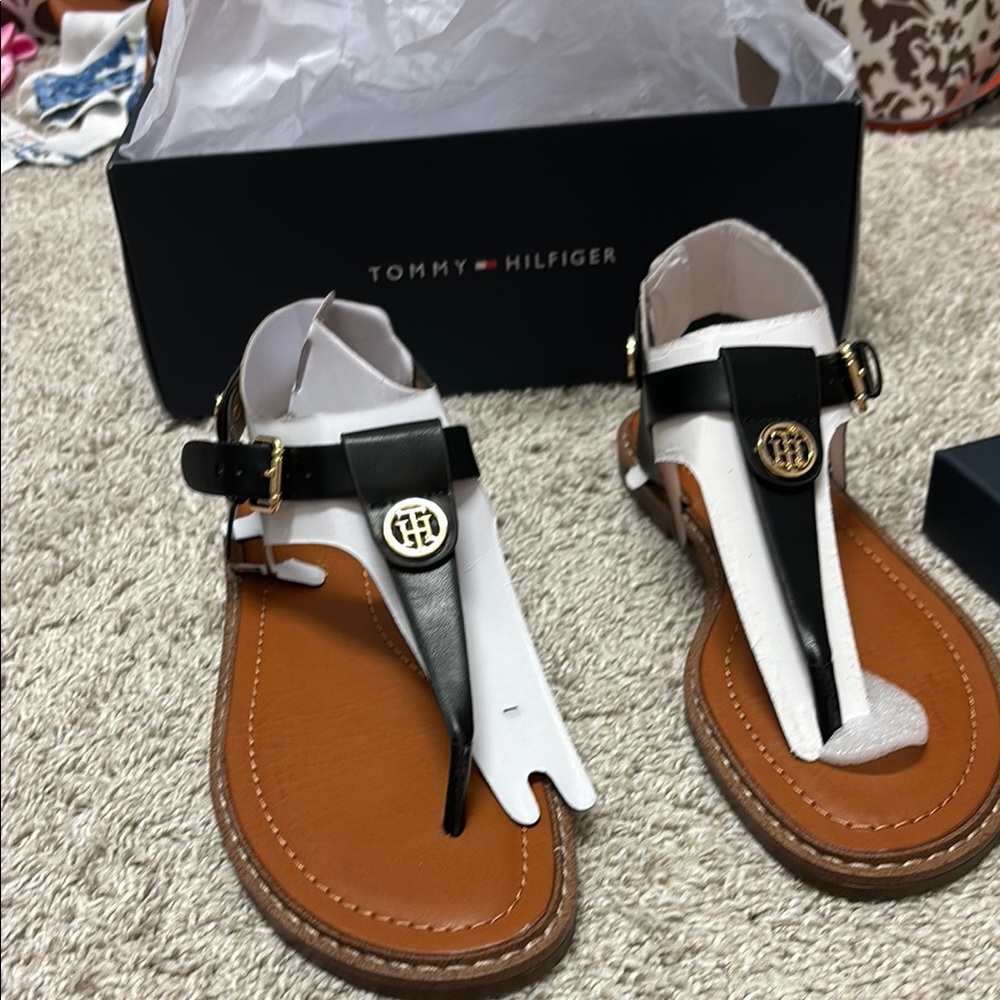 Tommy Hilfiger Black and Tan Sandals with T-Strap Design